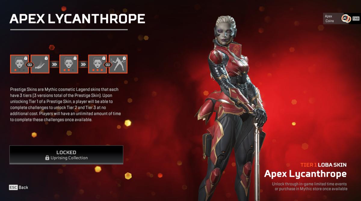 The first tier of Loba's Prestige Skin, Apex Lycanthrope, from the Uprising Collection Event in Apex Legends.